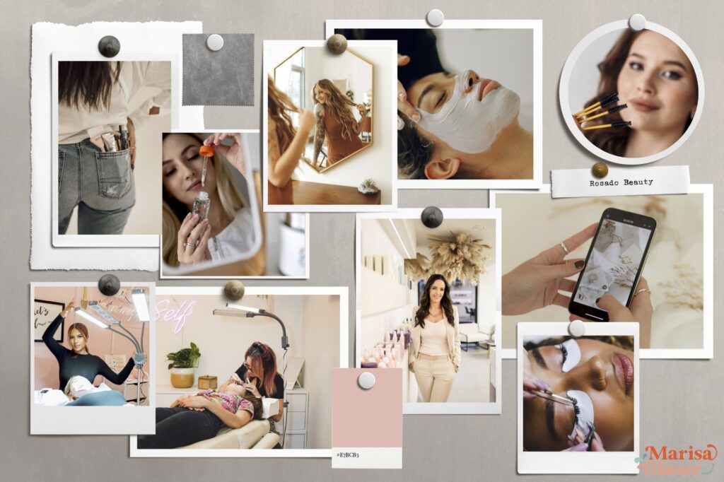 A screenshot of a custom mood board created for the esthetician client. It shows various pictures of women in a beauty salon, getting eyelash extensions, holding tweezers, as well as color swatches of light pink and neutral gray.